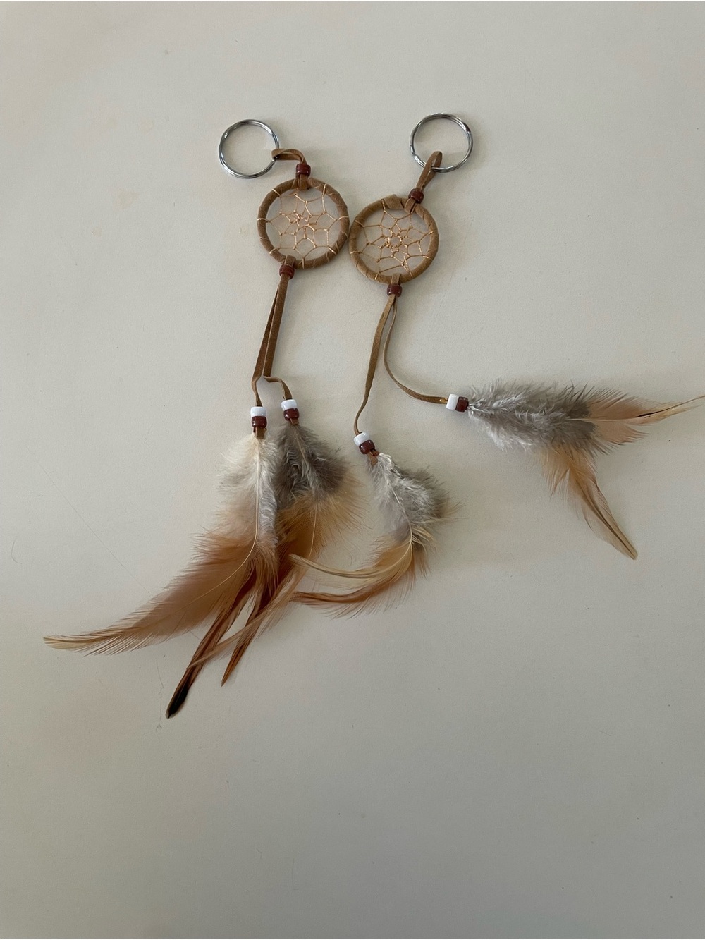 2 Boho Feather Dreamcatcher Keychain - Tan & Cream NWOT